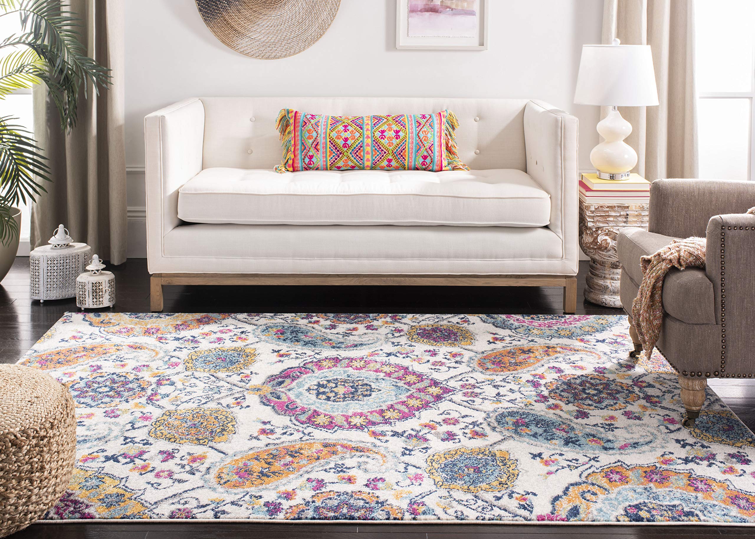 Safavieh Madison Collection Area Rug - 9' X 12', Cream & Multi, Boho Chic Glam Paisley Design, Non-Shedding & Easy Care, Ideal F